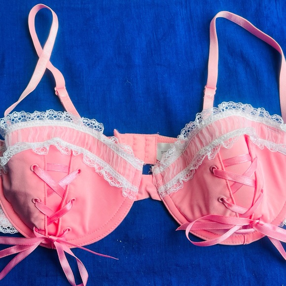 NWT vtg Coquette Y2K Baby Pink Lolita white lace up frilly bow bra delicates 34C - Picture 15 of 16